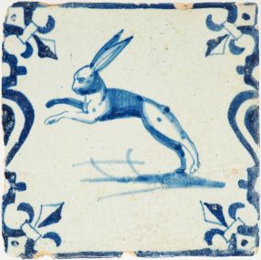 Antique Delft tile with leaping hare, 17th century