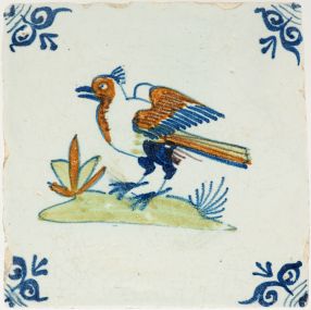 Antique Delft tile from c. 1640 with a bird preparing to fly,17th century