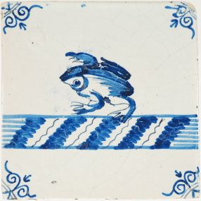 Antique Delft tile with blue leaping frog, 17th century