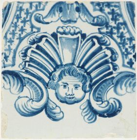 Antique Delft tile with blue Cherub ornament, 18th century

