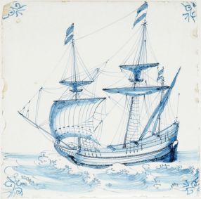 Antique Delft tile with Fluyt ship, 17th century