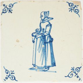 Antique Delft tile wiith a woman carrying a basket, 17th century

