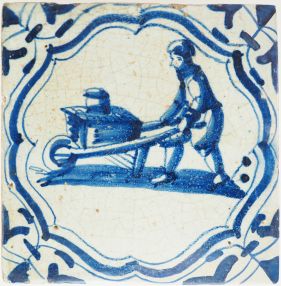 Antique Delft tile of a farmer pushing a wheelbarrow with produce, 17th century