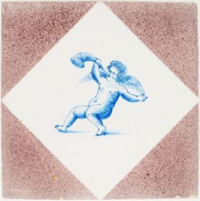 Antique Delft tile with blue Cupid blowing a horn, 20th century