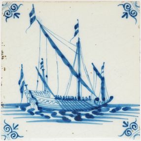 Antique Delft tile with a galley, 17th century