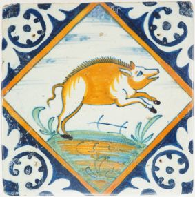 Antique Delft tile with a wild boar, 17th century