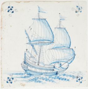 Antique Delft tile with blue Fluyt ship, 17th century
