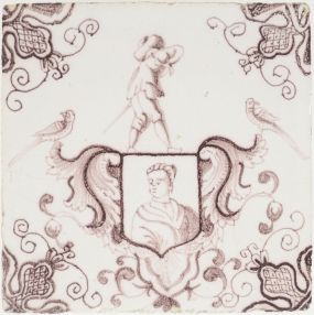 Antique Delft tile with manganese cartouche, 18th century
