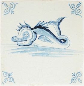 Antique Delft tile with blue sea creature, 17th century