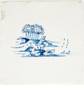 Antique Delft tile with blue hunting scene, 17th century