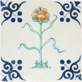 Antique Delft tile with stylized flower in polychrome, 17th century