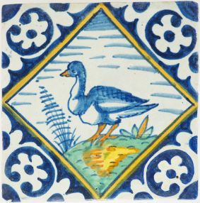 Antique Delft tile with polychrome goose, 17th century
