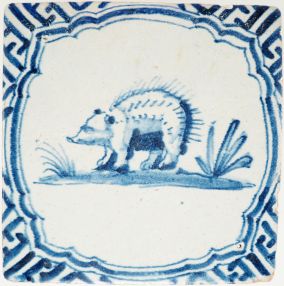 Antique Delft tile with blue porcupine, 17th century