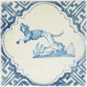 Antique Delft tile with blue leaping dog, 17th century
