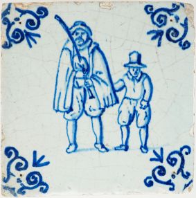 17th-century Delft tile c.1640 with bagpiper and child, volute corner motif in Delft blue