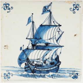 Antique Delft tile with blue Fluyt ship, 17th century
