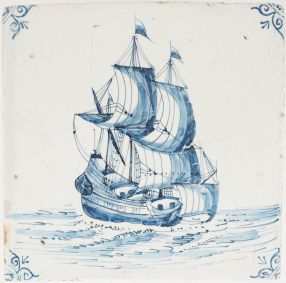 Antique Delft tile with blue Fluyt ship under full sail, 17th century