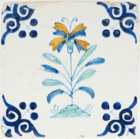 Antique Delft polychrome tile with orange and blue flower, 17th century