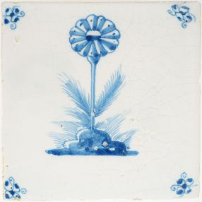 Antique Delft tile with blue daisy, 18th century