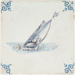 Antique Delft tile depicting a cargo boat with full sails, 17th century