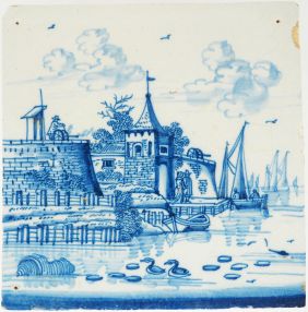Antique Delft tile with city wall, cannons, two figures conversing, and a sailing boat, 18th century