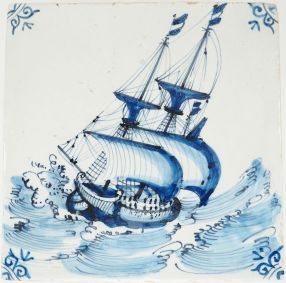 Delft tile depicting a VOC ship in a rough sea, Harlingen ca. 1660, with ox-head corners in blue.