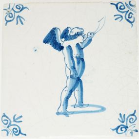 Antique Delft tile of Cupid blowing a horn, 17th century