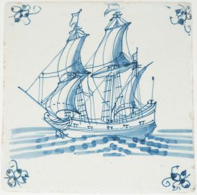 Antique Delft tile with blue ship under full sail, 17th century