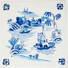 Antique Delft tile with Chinese landscape, 20th century