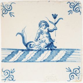 Antique Delft tile with mermaid holding a tulip, 17th century
