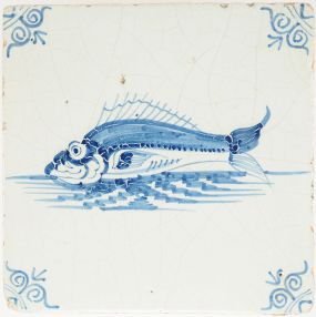 Antique Delft tile with blue-painted perch, 17th century
