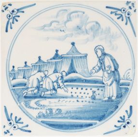 Antique Delft tile with biblical scene of manna from heaven, 18th century