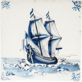 Antique Delft tile with Fluyt ship, 17th century