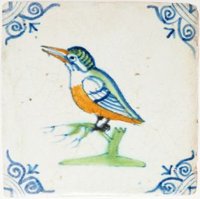 Antique Delft tile with polychrome kingfisher on a branch, 17th century