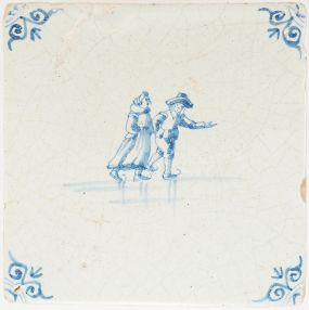 Antique Delft tile ice skaters in blue, 17th century