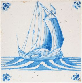 Antique Delft tile with blue cargo ship, 17th century