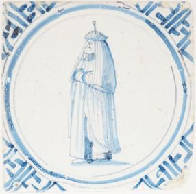Antique Delft tile with woman in huik, 17th century