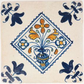 Antique Delft tile with polychrome flower vase, 17th century