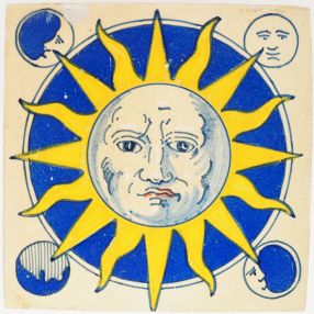 Antique Delft tile depicting the sun and four moons, 19th century