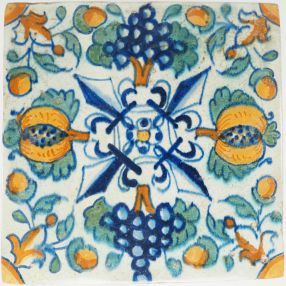 Antique Delft tile with grapes, pomegranates, 17th century