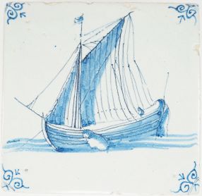 Antique Delft tile depicting a cargo ship, 17th century