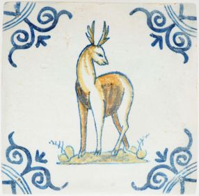 Antique Delft tile with polychrome deer, 17th century