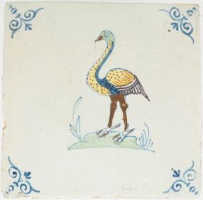 Antique Delft tile with polychrome scene of an ostrich 17th century