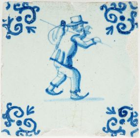 Antique Delft tile with an ice skater, 17th century