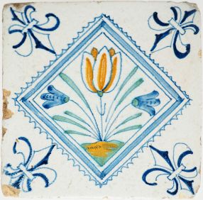 Antique Delft tile with orange tulip, 17th century