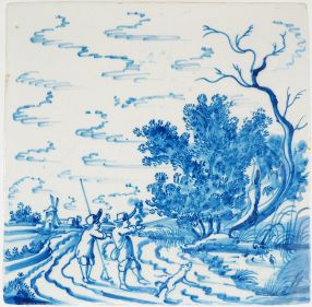 Antique Delft tile with hunting scene, two men shooting a bird with a dog, 18th century
