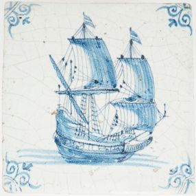 Antique Delft tile showing a war ship under sail, 17th century