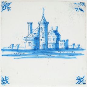 Antique Delft tile with a village, 17th century