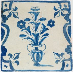 Antique Delft blue with a flower vase, 17th century