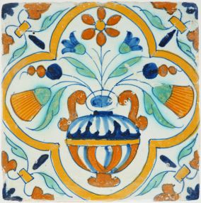 Antique Delft tile with baluster flower vase, 17th century
